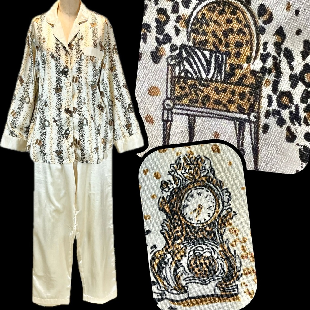 VINTAGE mansion glamour‎ silky pajama set pants shirt animal print leopard tiger